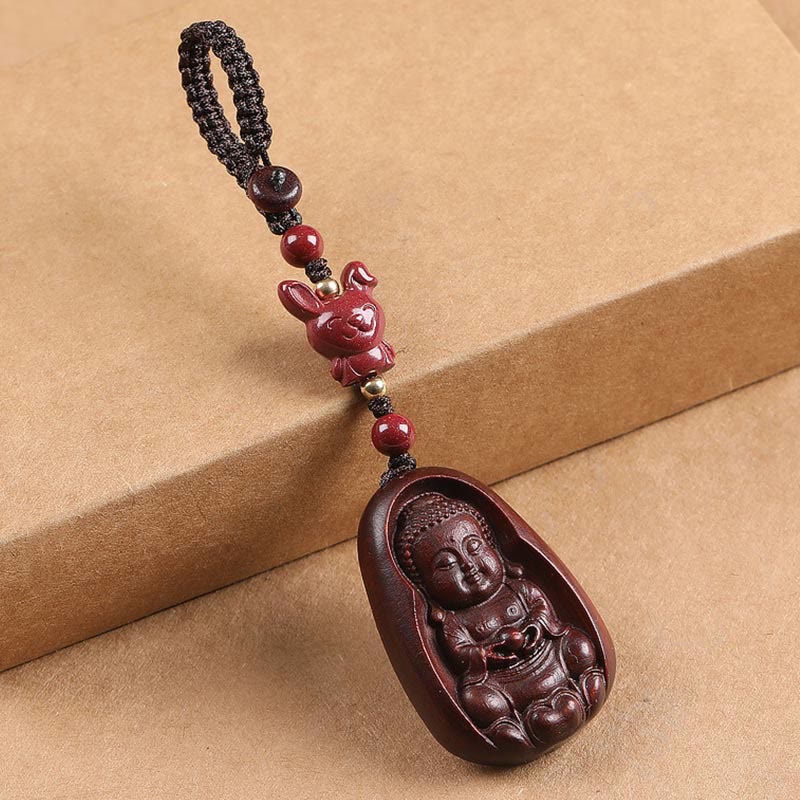 Wear FengShui Small Leaf Red Sandalwood Buddha Cinnabar Chinese Zodiac Amulet Protection Key Chain