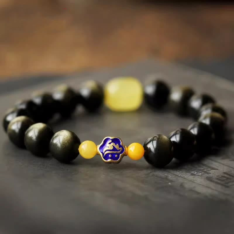 Wear FengShui 925 Sterling Silver Chinese Zodiac Natal Buddha Natural Gold Sheen Obsidian Amber Wealth Protection Bracelet