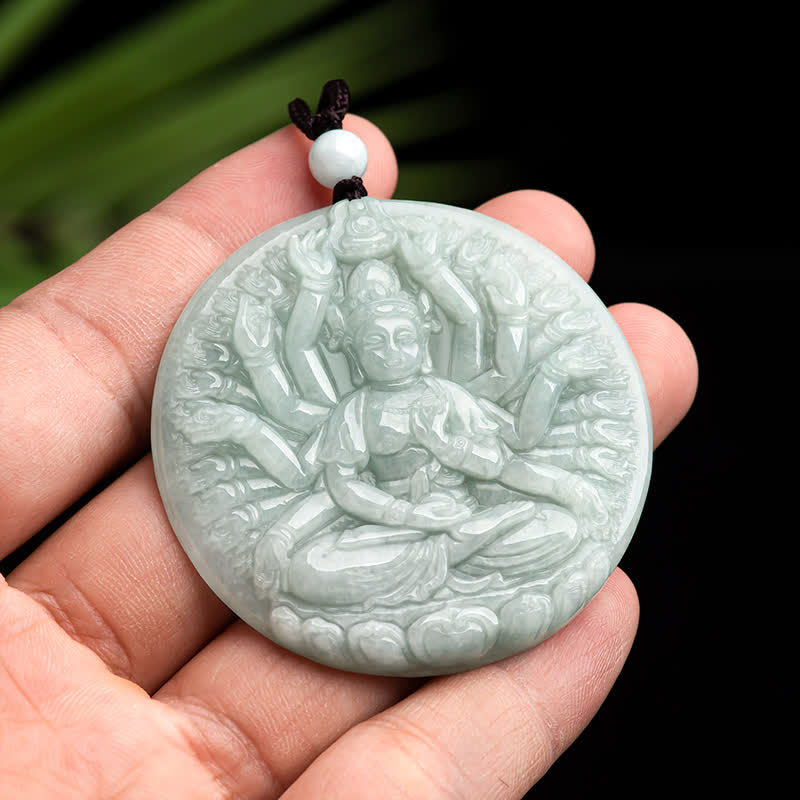 Wear FengShui Thousand-Hand Kwan Yin Avalokitesvara Jade Blessing String Necklace Pendant