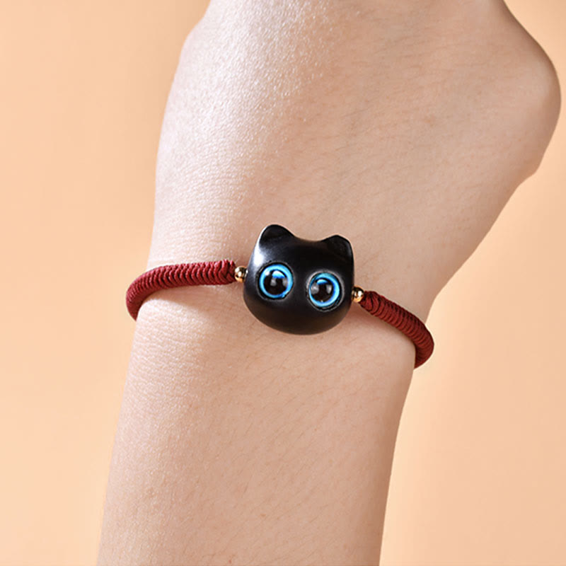 Wear FengShui Ebony Wood Cat Head Pattern Peace King Kong Knot Braided Bracelet