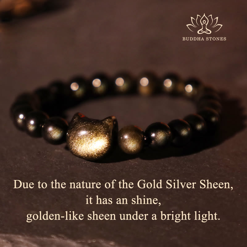 Wear FengShui Gold Sheen Obsidian Silver Sheen Obsidian Lovely Paw Lucky Cat Protection Bracelet