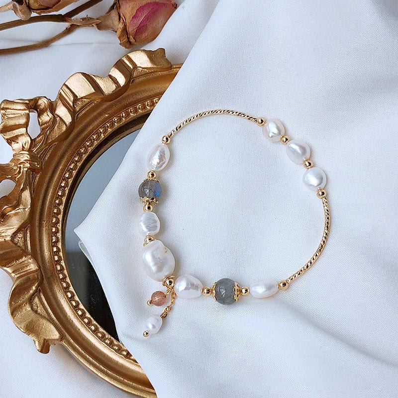 Wear FengShui Pearl Moonstone Strawberry Quartz Bead Optimism Bracelet