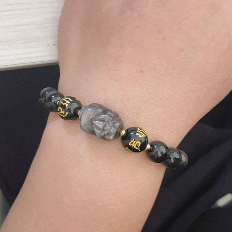 Wear FengShui Natural Silver Sheen Obsidian Black Obsidian Om Mani Padme Hum Pixiu Protection Bracelet