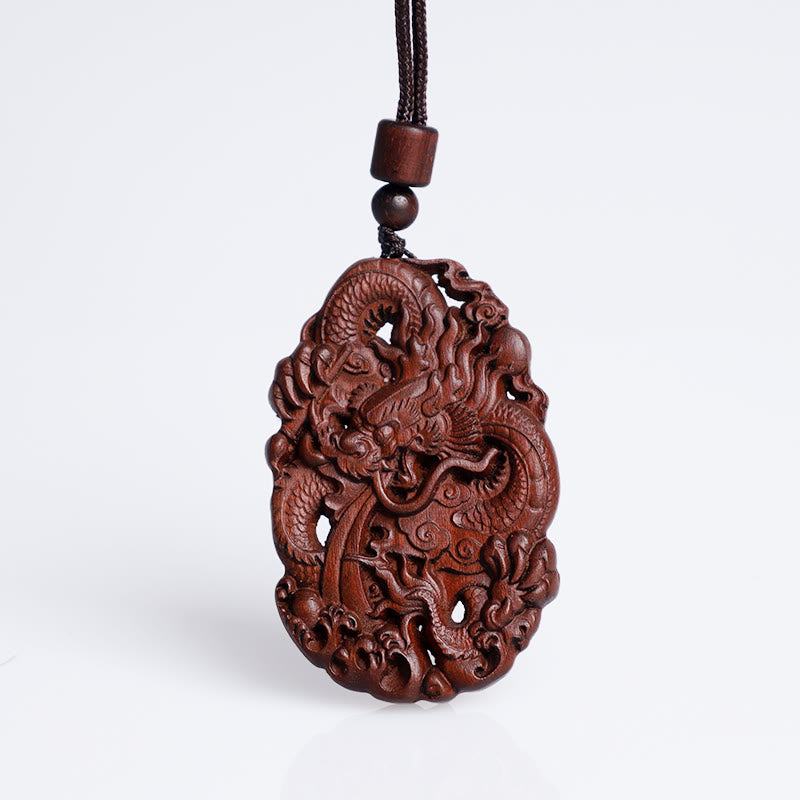 Wear FengShui Lightning Struck Jujube Wood Double Dragon Relief Ward Off Evil Spirits Necklace Pendant