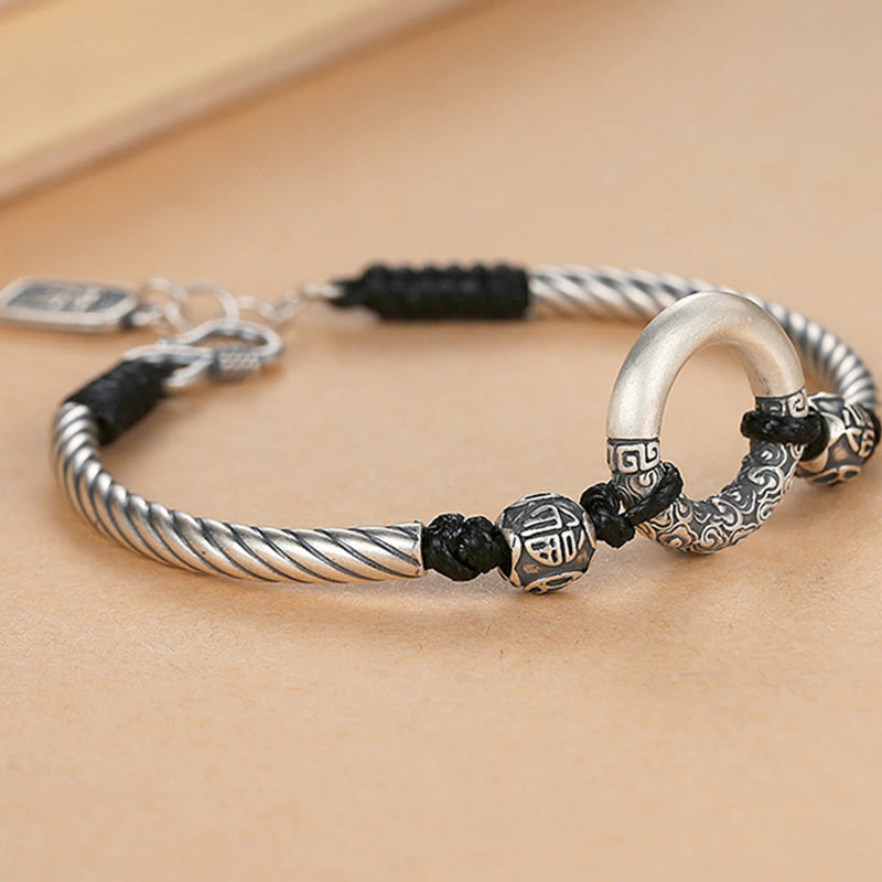 Wear FengShui 999 Sterling Silver Fu Character Peace Buckle Copper Coin Auspicious Clouds Fortune Bracelet