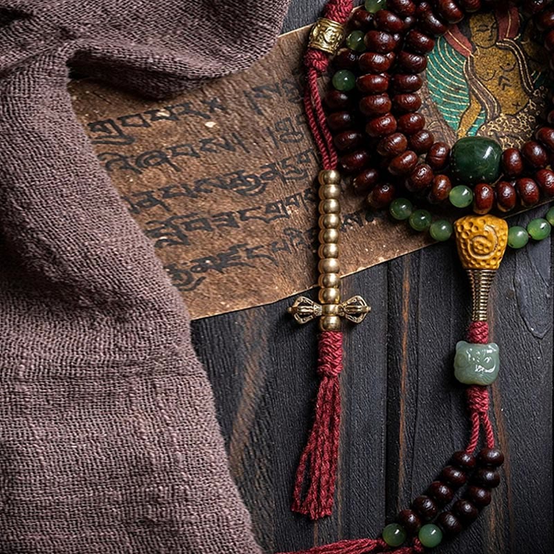 Wear FengShui Natural Tibet 108 Mala Beads Purple Bodhi Seed Hetian Cyan Jade Copper Dorje Peace Bracelet