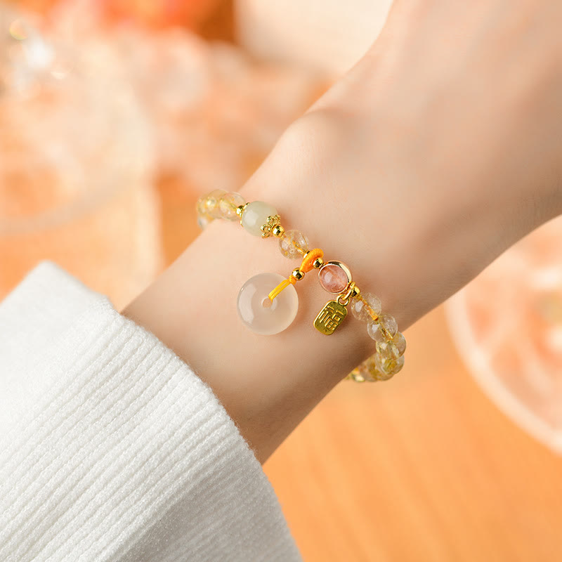 Wear FengShui Natural Golden Rutilated Quartz Fu Character Peace Buckle Charm Wealth Bracelet