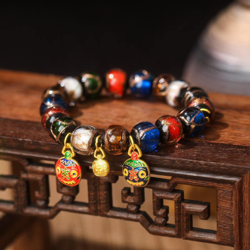 Wear FengShui Five Elements Gold Swallowing Beast Family Charm Liuli Glass Bead Luck Bracelet