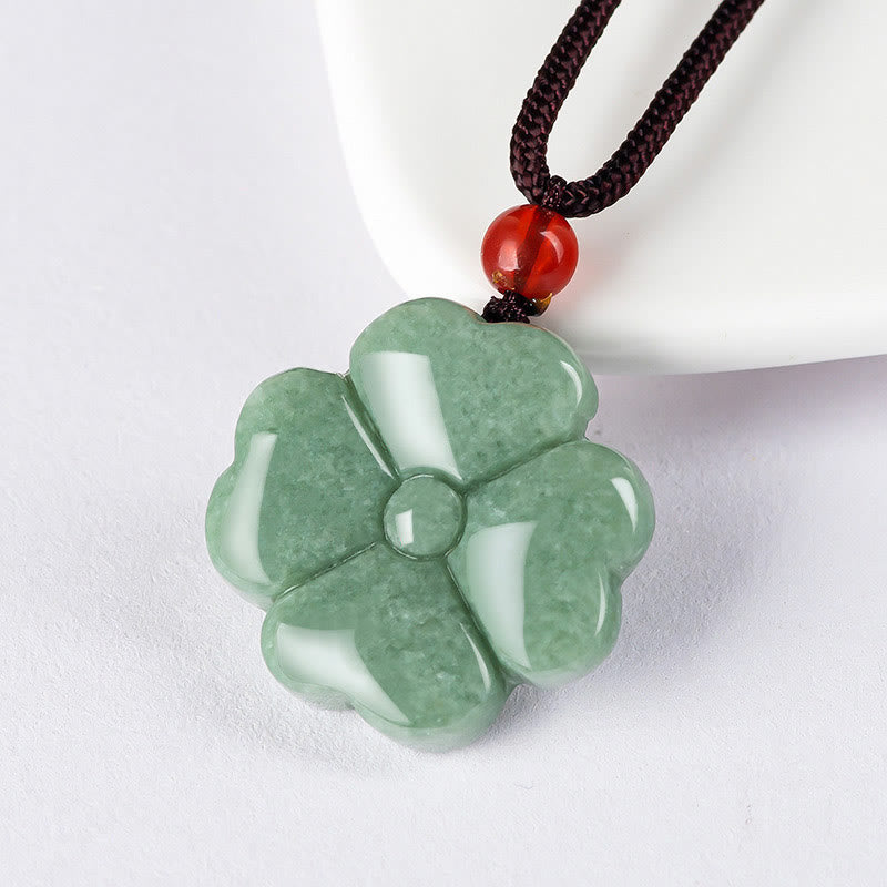 Wear FengShui Natural Lucky Four Leaf Clover Jade Prosperity Necklace Pendant