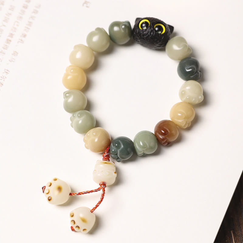 Wear FengShui Natural Bodhi Seed Lovely Paw Ebony Wood Lucky Cat Wisdom Bracelet