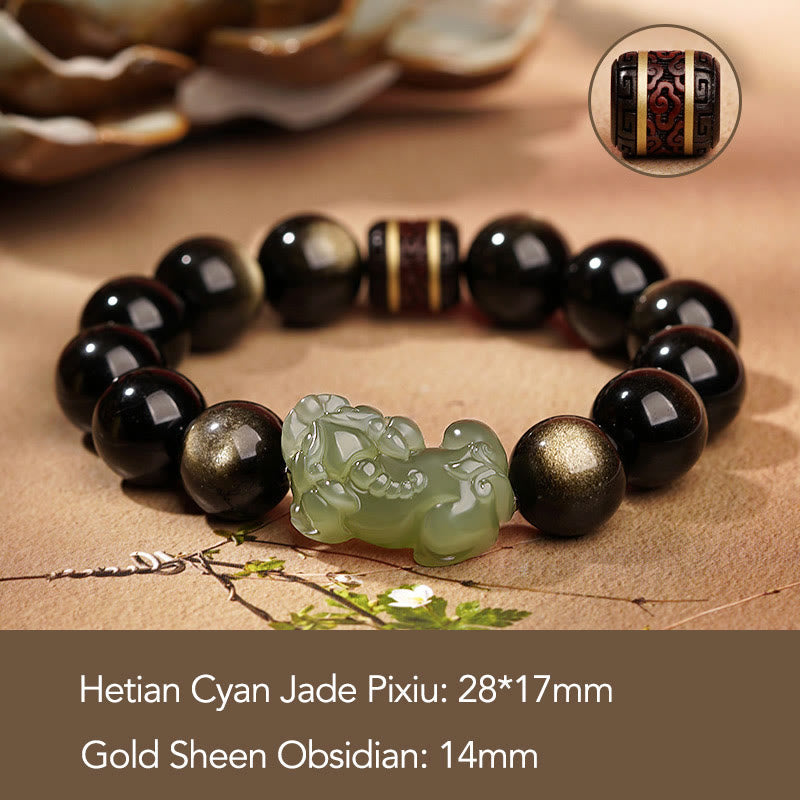 Wear FengShui Natural Gold Sheen Obsidian Hetian Cyan Jade White Jade PiXiu Wealth Bracelet