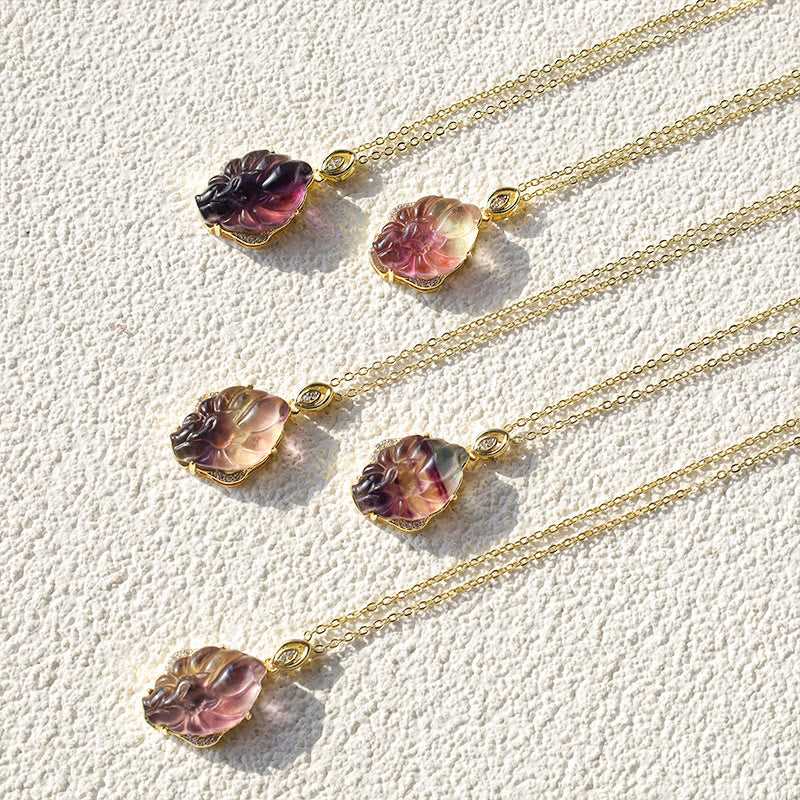 Wear FengShui Natural Colorful Fluorite Nine Tailed Fox Protection Necklace Pendant