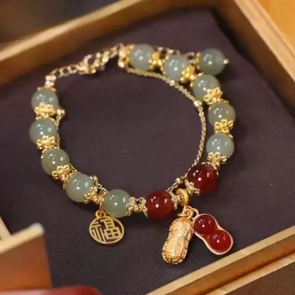 Wear FengShui Jade Leaf Ginkgo Tulip Peanut Fu Character Luck Beaded Bracelet