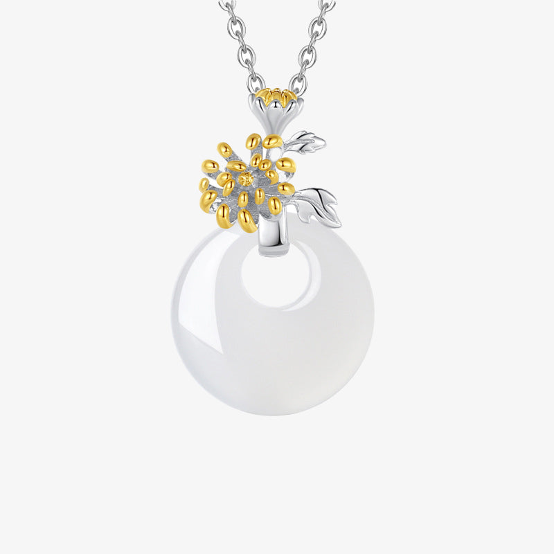 Wear FengShui 925 Sterling Silver Round Chalcedony Twelve Months Flower Harmony Necklace Pendant
