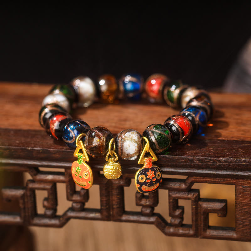 Wear FengShui Five Elements Gold Swallowing Beast Family Charm Liuli Glass Bead Luck Bracelet