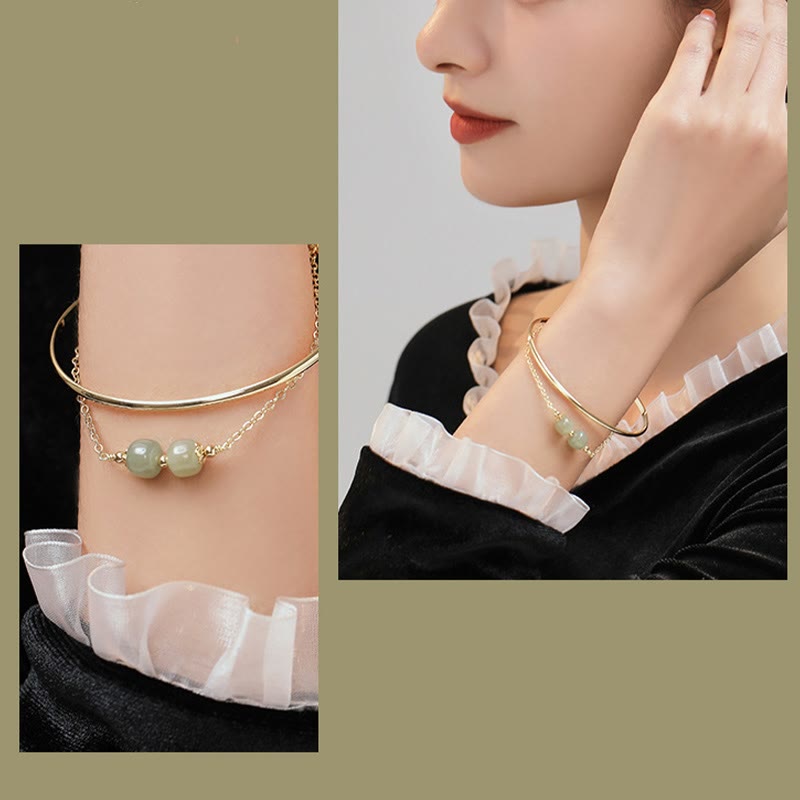 Wear FengShui Copper Plated Gold Hetian Jade Bead Luck Double Layer Bracelet Bangle