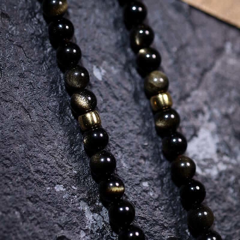 Wear FengShui 108 Mala Beads Gold Sheen Obsidian Tiger Eye Eagle's Eye Stone Wealth Bracelet