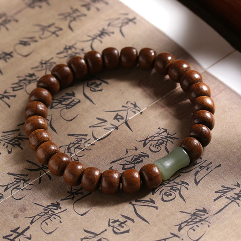 Wear FengShui Natural Abelia Biflora Wood Hetian Jade Bamboo Bead Warding Off Evil Spirits Bracelet