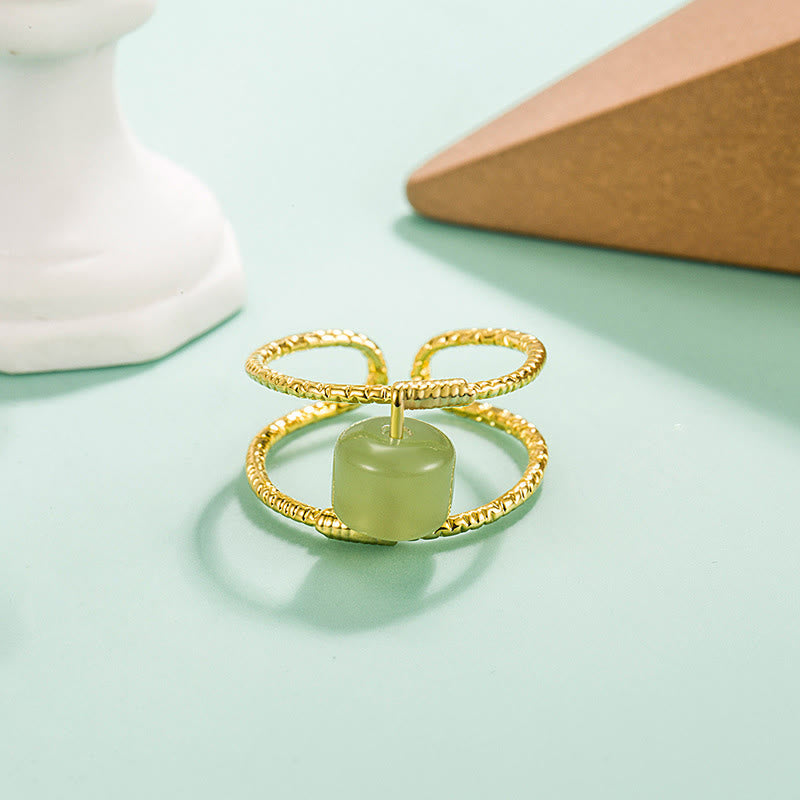 Wear FengShui Round Jade Pearl Bead Double Layer Copper Luck Adjustable Ring