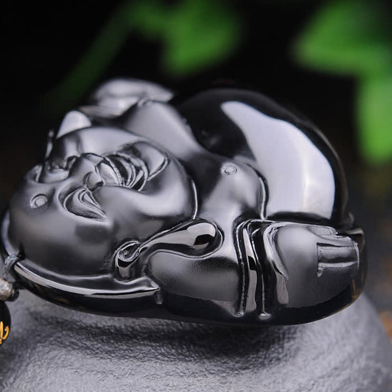 Wear FengShui Laughing Buddha Black Obsidian Transformation Pendant Necklace