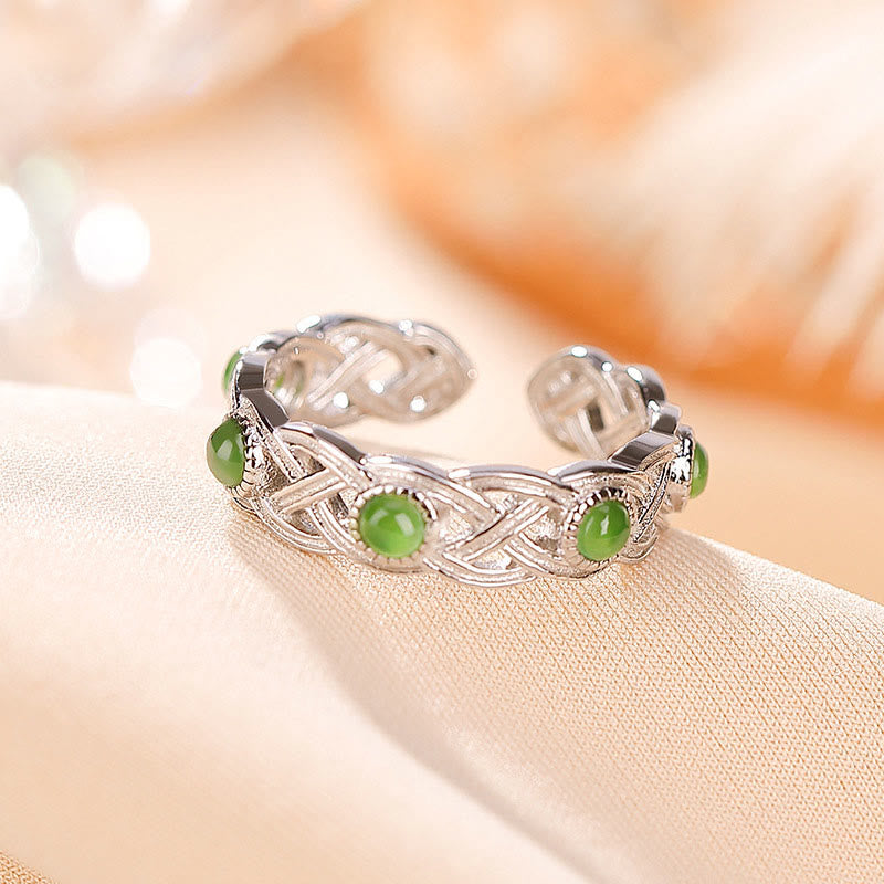 Wear FengShui 925 Sterling Silver Plated Gold Cyan Jade Braided Design Success Luck Adjustable Ring
