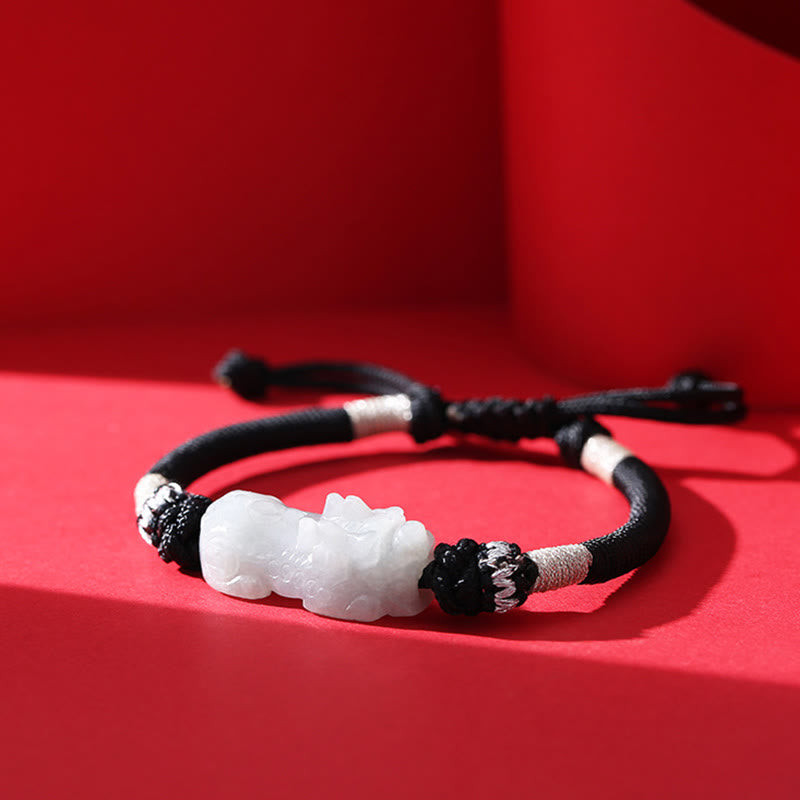 Wear FengShui Handmade Natural Jade PiXiu Luck Prosperity Braided String Bracelet