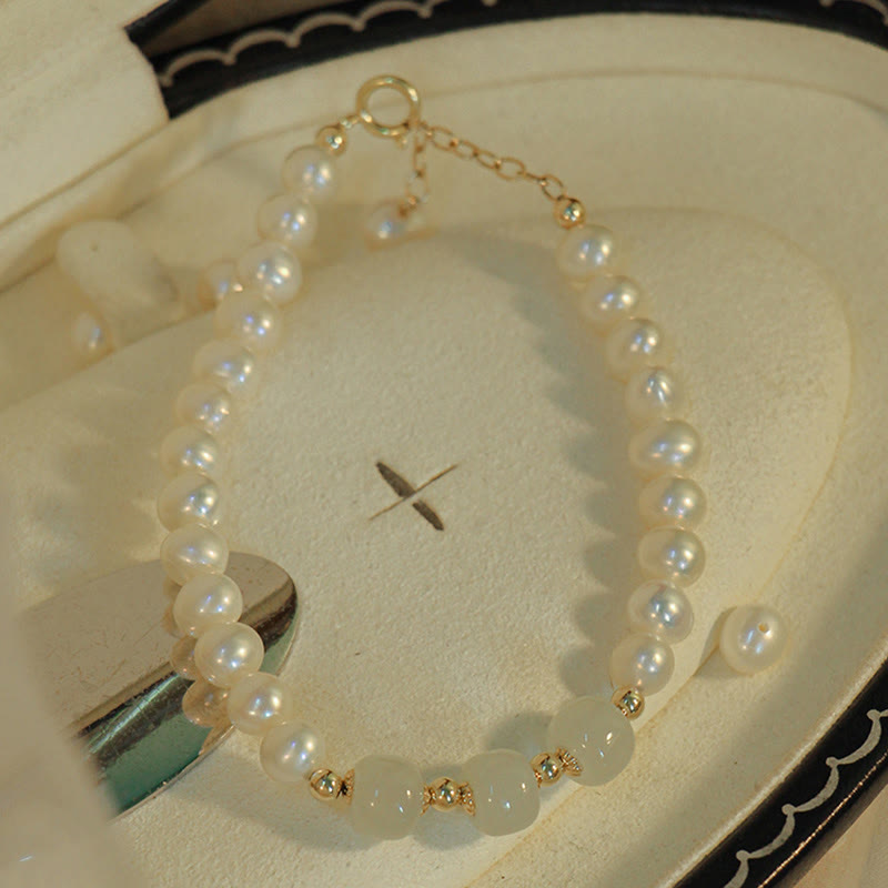 Wear FengShui 14K Gold Plated Natural Pearl Hetian Cyan Jade White Jade Sincerity Bead Chain Bracelet