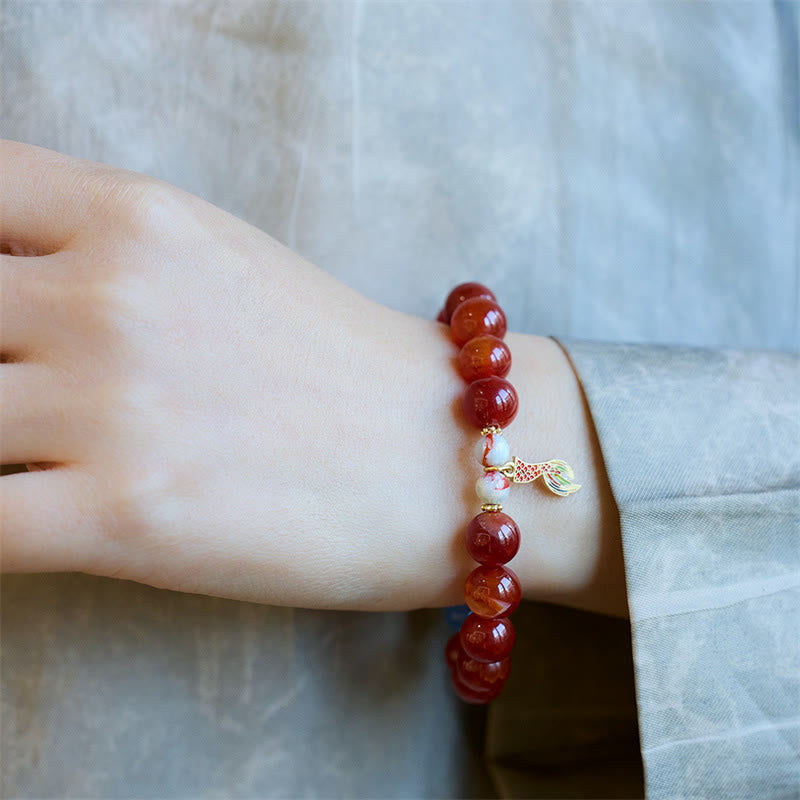 Wear FengShui Natural Red Agate Peace Talisman Fu Character Dragon Tail Confidence Charm Bracelet