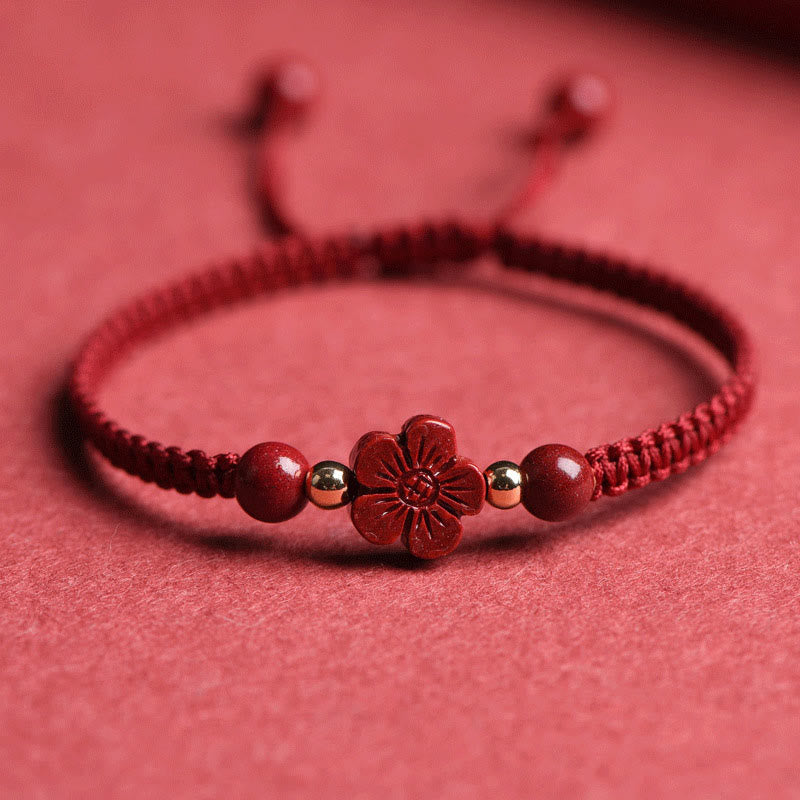 Wear FengShui Four Leaf Clover Five-petal Flower Cinnabar Blessing Red String Bracelet