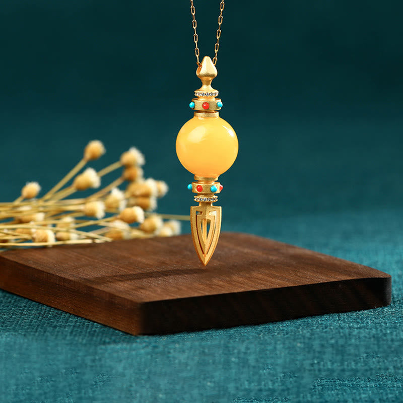 Wear FengShui 24K Gold Plated Amber Dorje Vajra Clear Anxiety Necklace Pendant