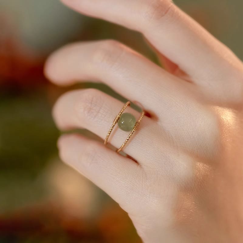 Wear FengShui Round Jade Pearl Bead Double Layer Copper Luck Adjustable Ring