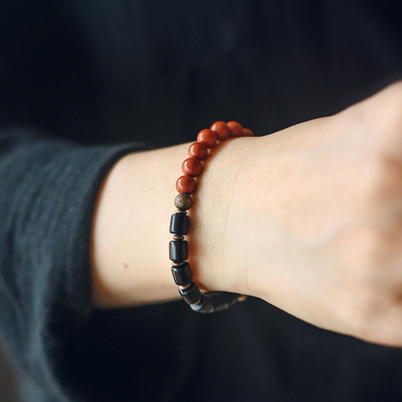 Wear FengShui Ebony Wood Red Jasper Moss Agate Crystal Copper Peace Couple Bracelet