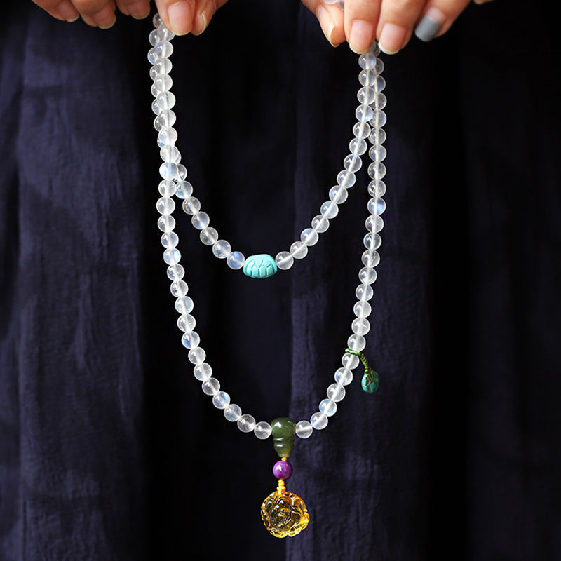 Wear FengShui 108 Mala Beads Moonstone Amber Lotus Turquoise Crystal Healing Bracelet