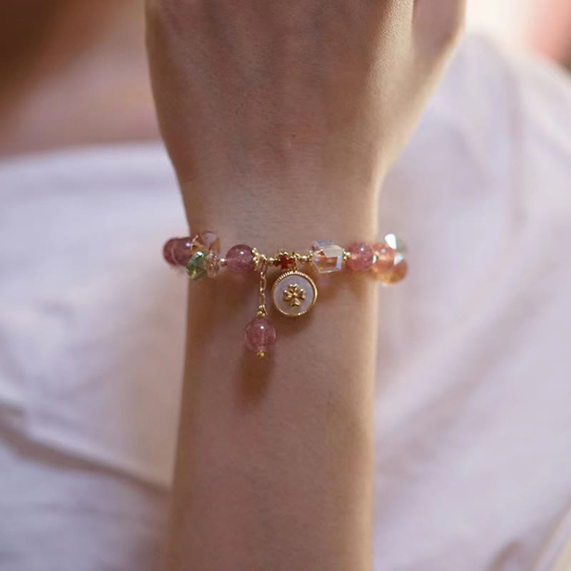 Wear FengShui Strawberry Quartz Lucky Four Leaf Clover Healing Charm Bracelet