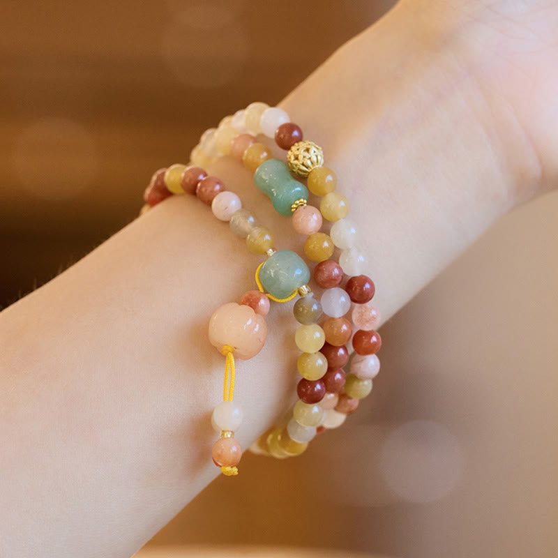 Wear FengShui Natural Golden Silk Jade Pumpkin Charm Wealth Luck Triple Wrap Bracelet