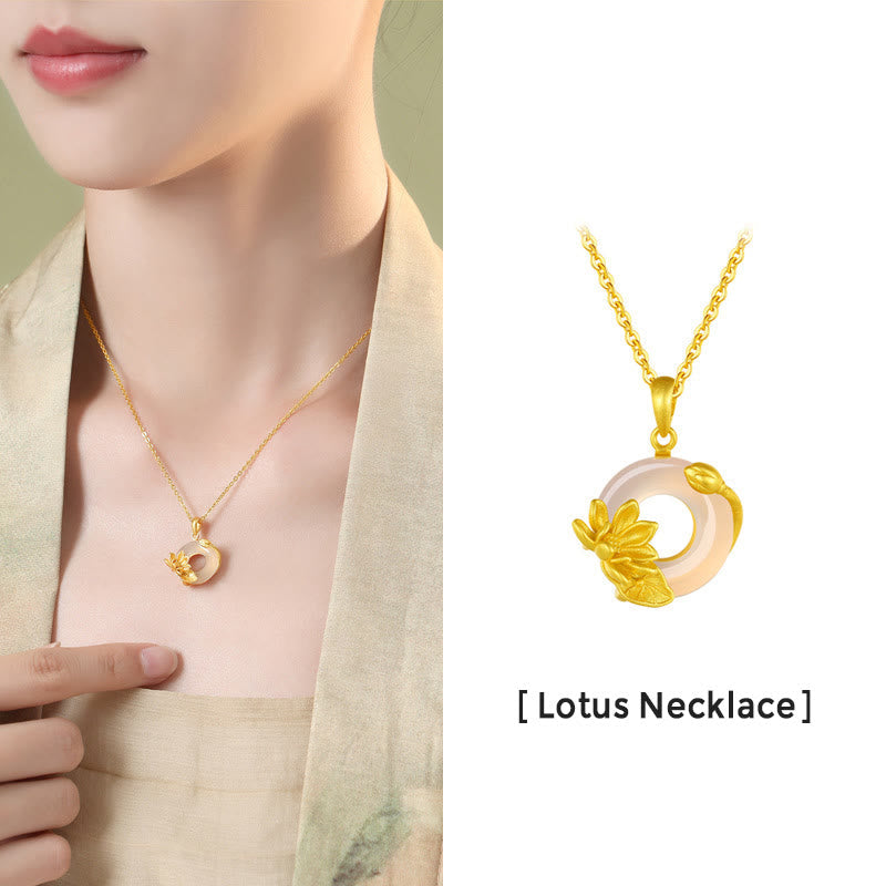 Wear FengShui Natural White Chalcedony Peace Buckle Lotus Pendant S925 Sterling Silver Necklace