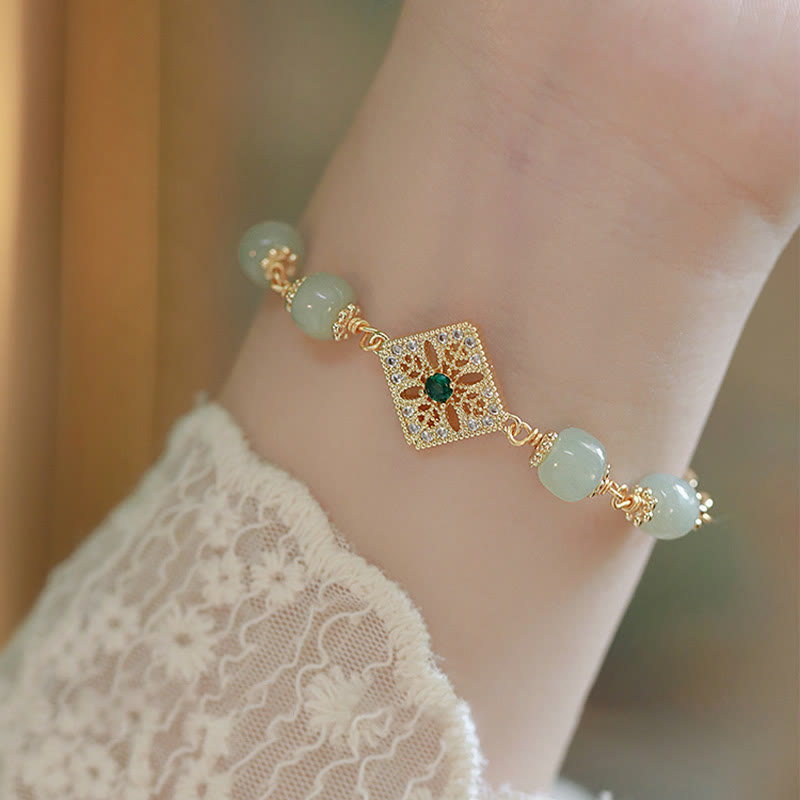Wear FengShui Natural Hetian Jade Bead Square Pattern Luck Chain Bracelet