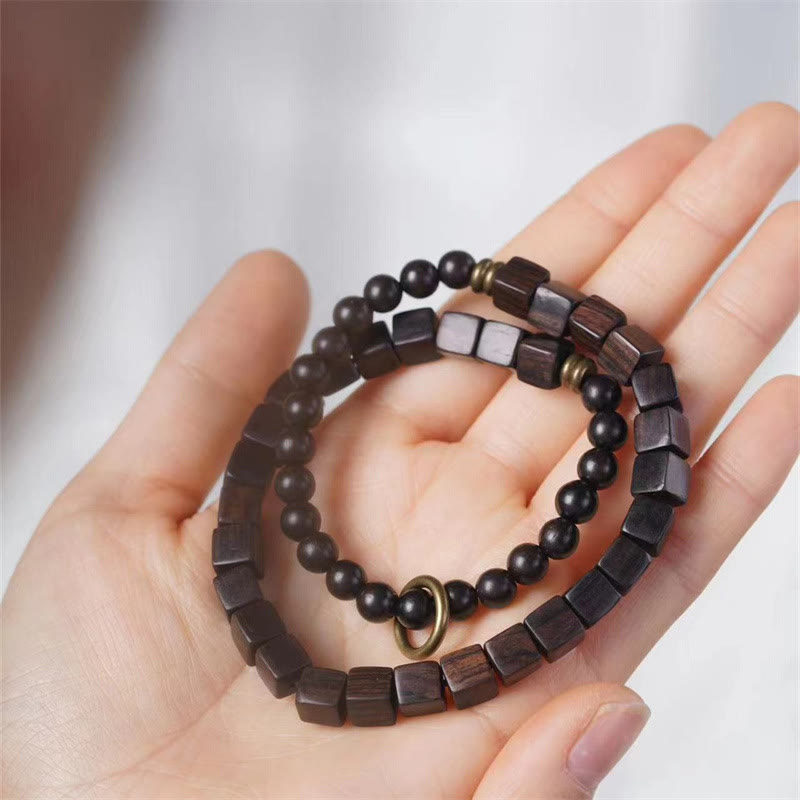 Wear FengShui Tibet Ebony Wood Square Beads Peace Double Wrap Bracelet