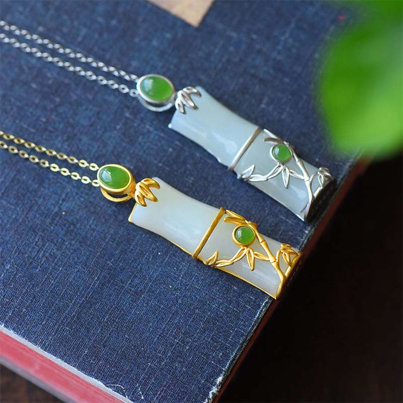 Wear FengShui White Jade Cyan Jade Bamboo Protection Necklace Pendant