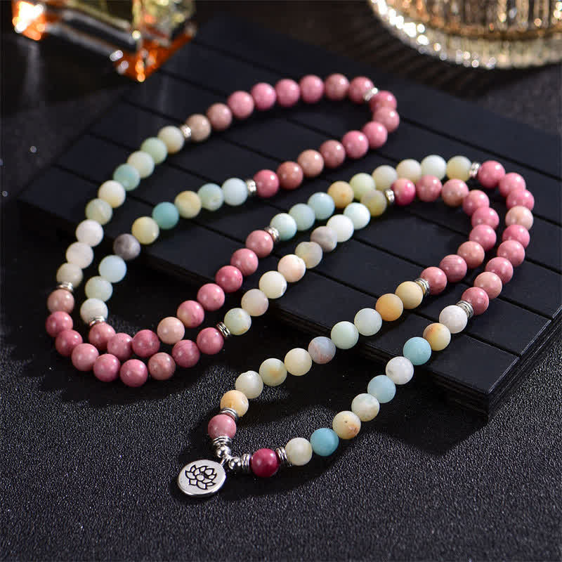 Wear FengShui Lazurite Picasso Jasper Amazonite Rhodonite Apatite Positive Lotus Prayer Bead Bracelet