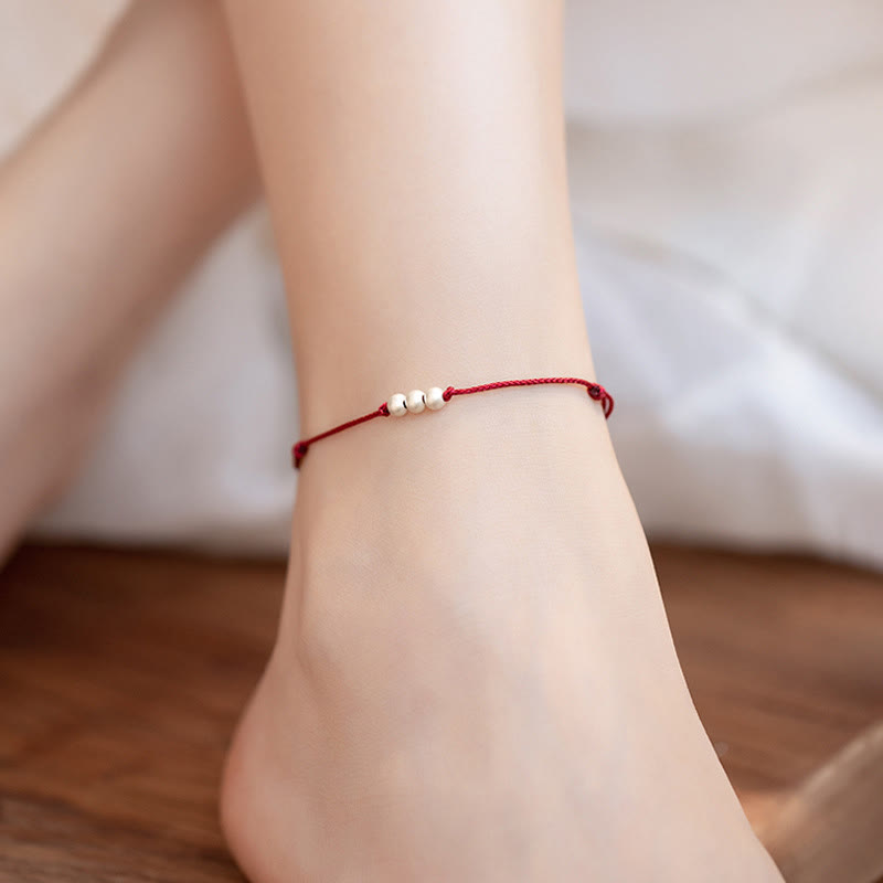 Wear FengShui 925 Sterling Silver Three Beads Protection String Bracelet Anklet