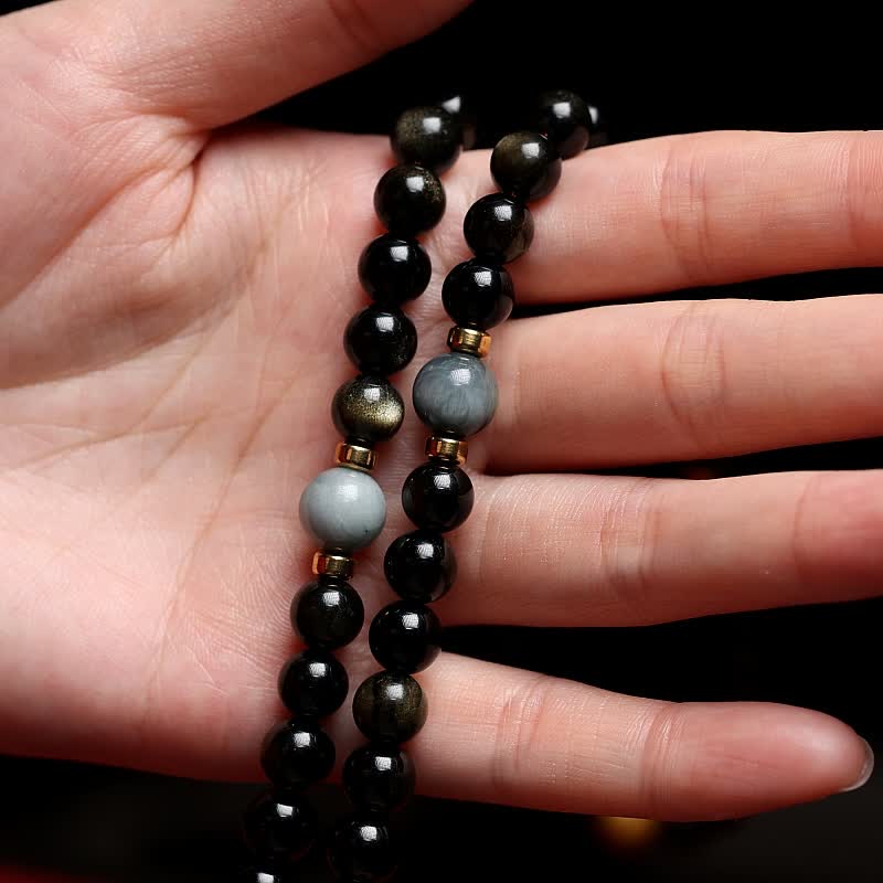Wear FengShui 108 Mala Beads Gold Sheen Obsidian Tiger Eye Eagle's Eye Stone Wealth Bracelet