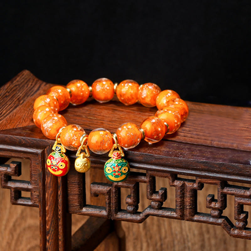 Wear FengShui Gold Swallowing Beast Family Charm Luminous Fluorescent Liuli Glass Bead Success Bracelet