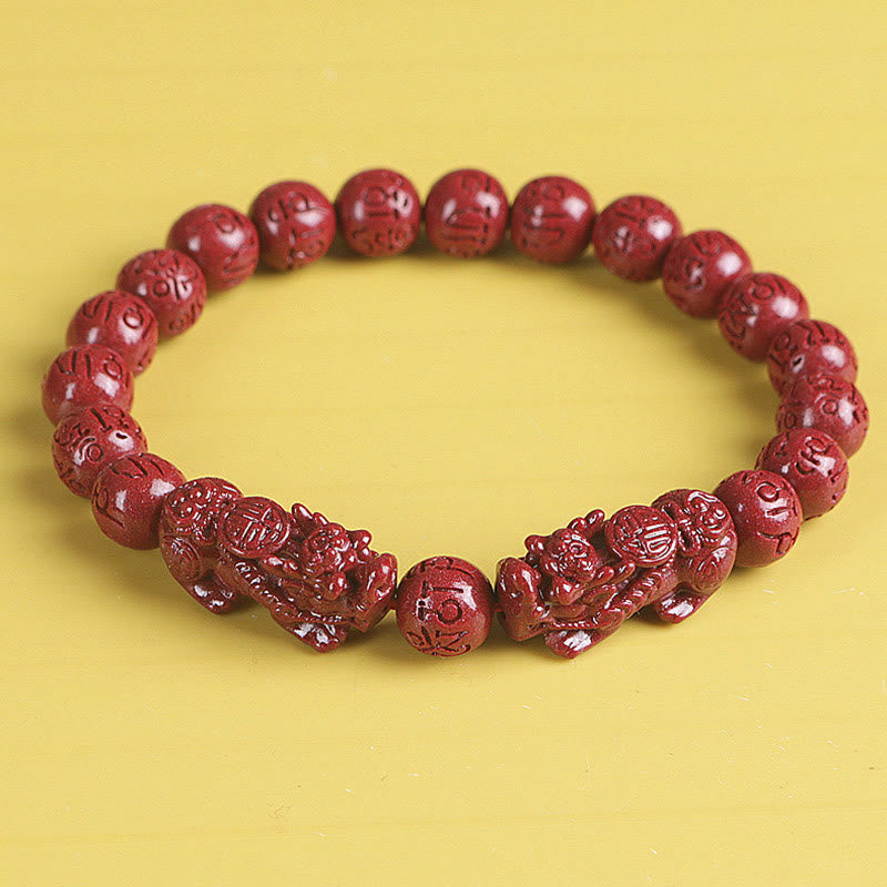 Wear FengShui Natural Double PiXiu Cinnabar Om Mani Padme Hum Wealth Luck Bead Bracelet