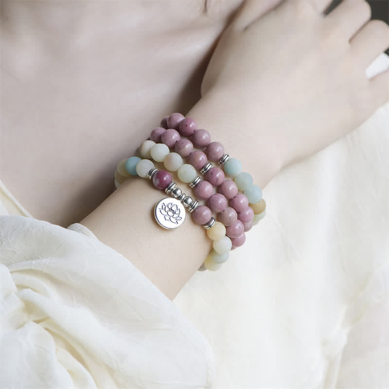 Wear FengShui Lazurite Picasso Jasper Amazonite Rhodonite Apatite Positive Lotus Prayer Bead Bracelet