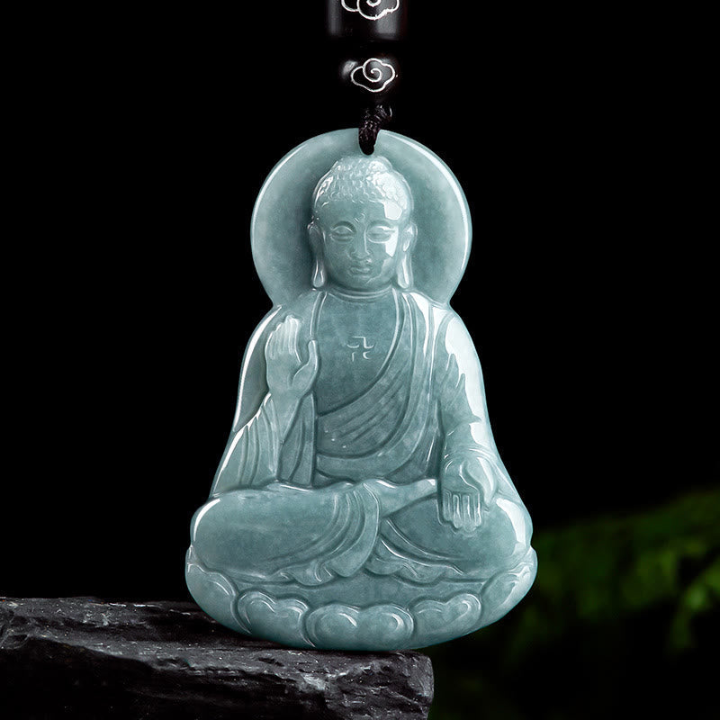 Wear FengShui Amitabha Buddha Natural Jade Lotus Amulet Compassion String Necklace Pendant