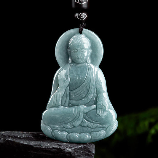 Wear FengShui Amitabha Buddha Natural Jade Lotus Amulet Compassion String Necklace Pendant