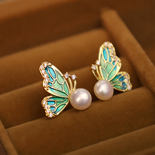 Wear FengShui 925 Sterling Silver Posts 18K Gold Plated Copper Natural Pearl Butterfly Healing Stud Earrings