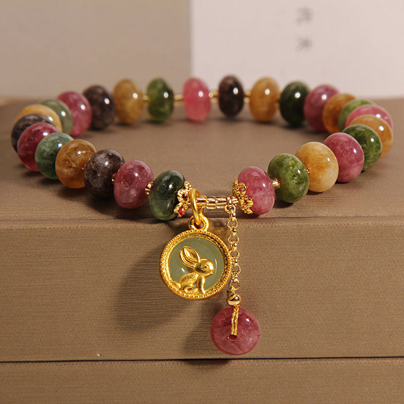 Wear FengShui Natural Colorful Tourmaline Cute Rabbit Charm Positive Bracelet