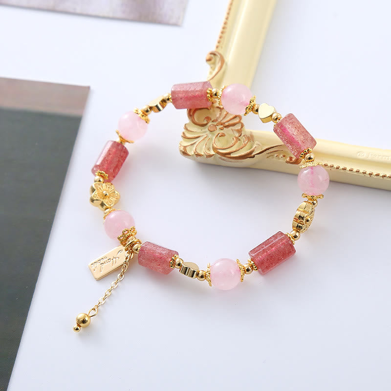 Wear FengShui Strawberry Quartz Pink Crystal Love Heart Flower Positive Bracelet